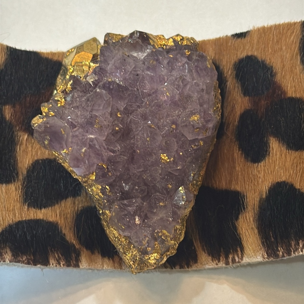 Amethyst Stone Dyed Calf Hair Leather Leopard Print Metal Shell Bracelet - Picture 7 of 9